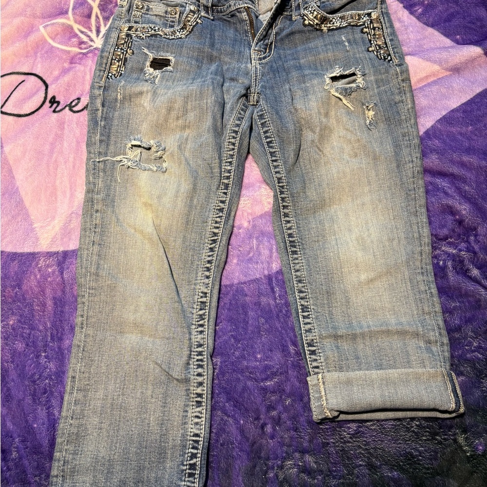 Miss Me Blue Distressed Cuffed Capris